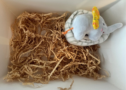 Small hand rattle elephant, one sage onesie and white and sage green stripped onesie